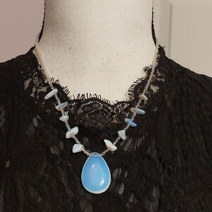 Vintage Blue Glow Opalite Pendant and Chip Beads Necklace